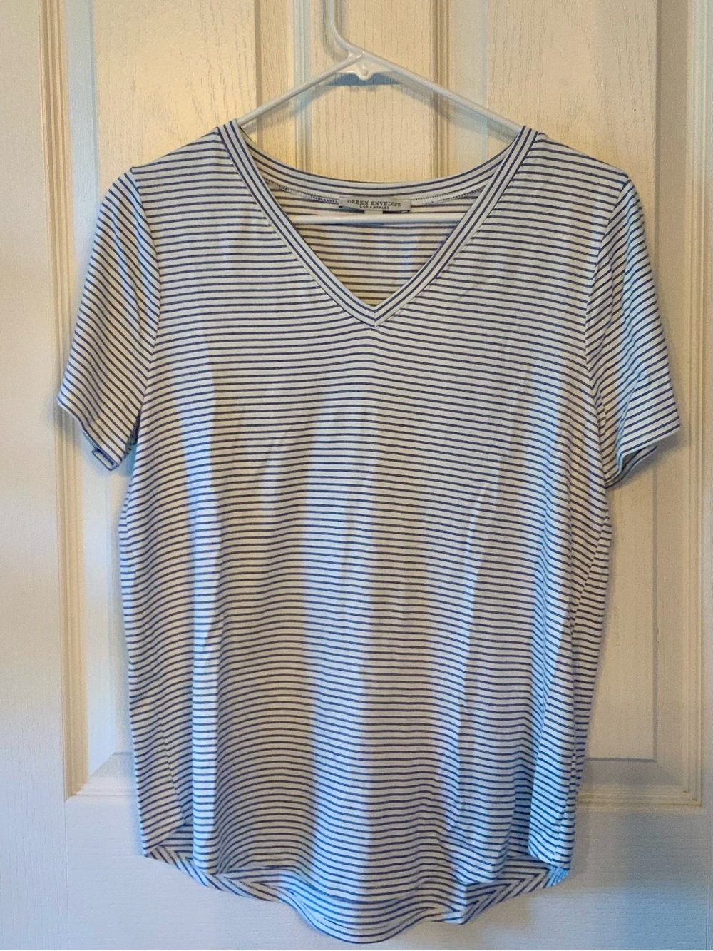 Green Envelope Blue & White Striped V-Neck Short Sleeve Top